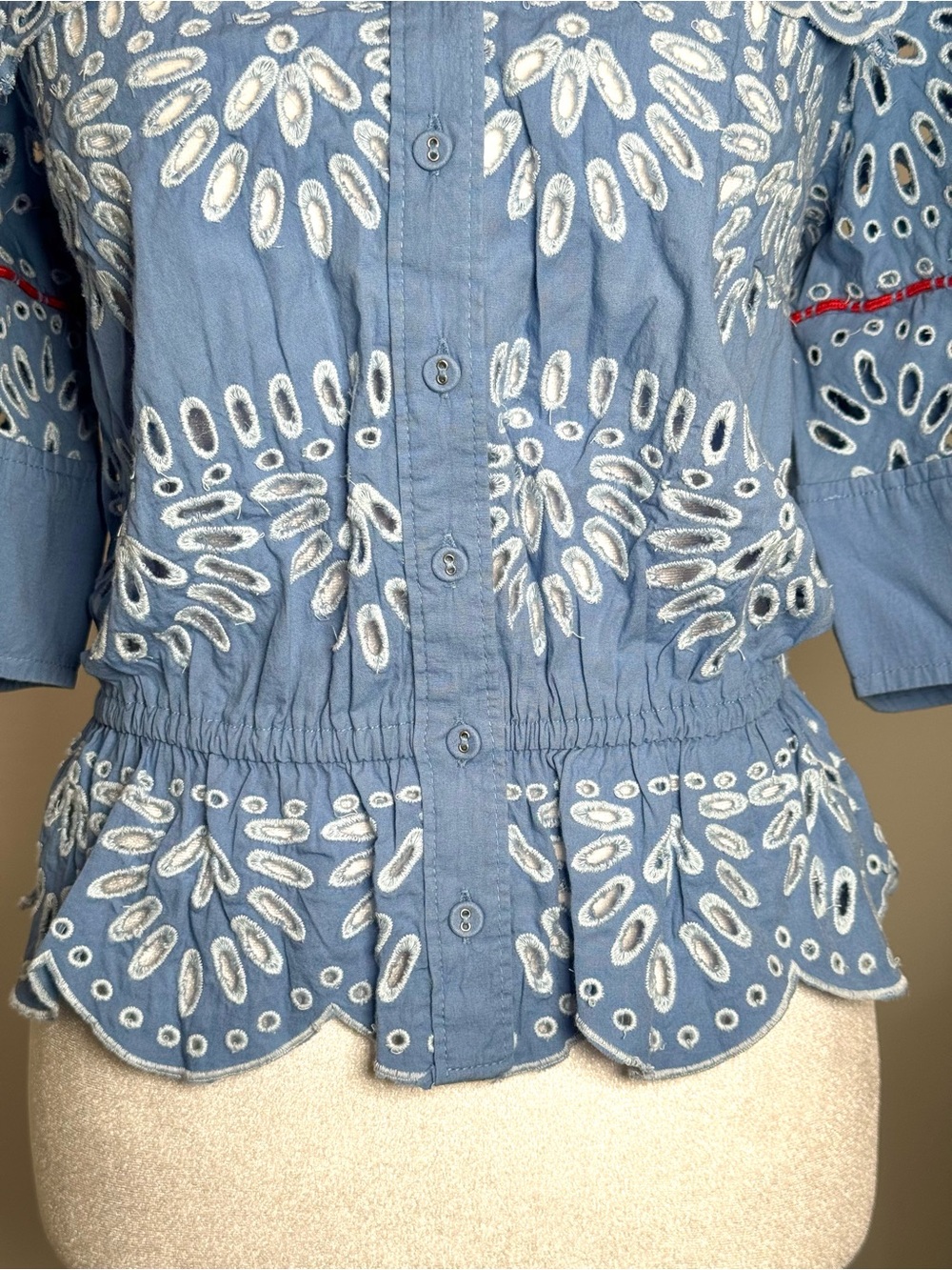 Anthropologie Coastal Scalloped Peplum Eyelet Blouse NWT Medium Blue - Picture 8 of 11